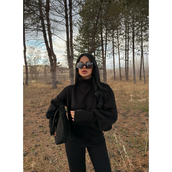 Siyah Boğazlı Kazak Pantolon Triko Takım