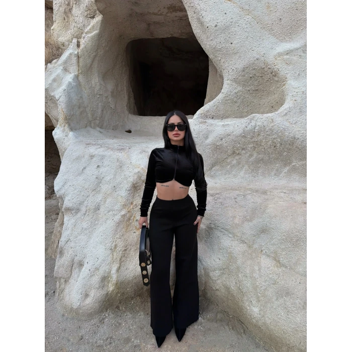 Siyah Bol Paça Triko Pantolon