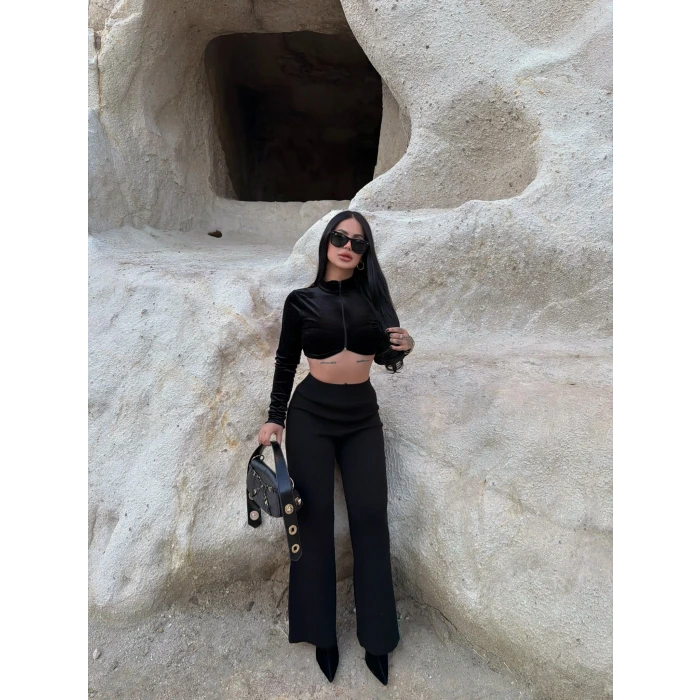 Siyah Bol Paça Triko Pantolon