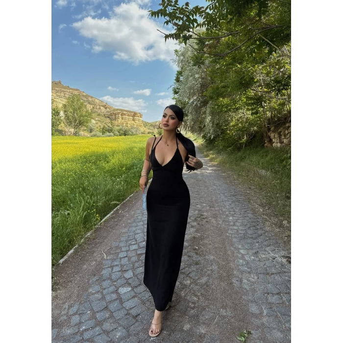 Siyah Boyundan Bağlamalı Keten Elbise
