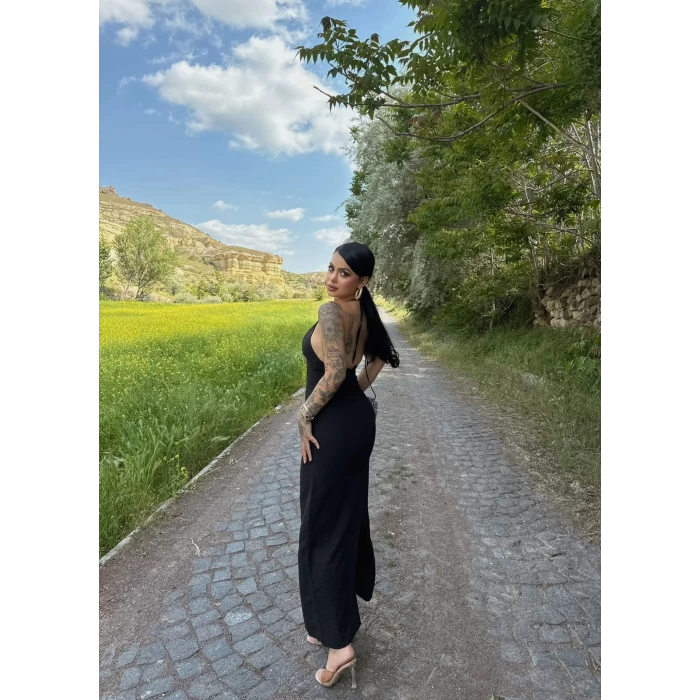 Siyah Boyundan Bağlamalı Keten Elbise