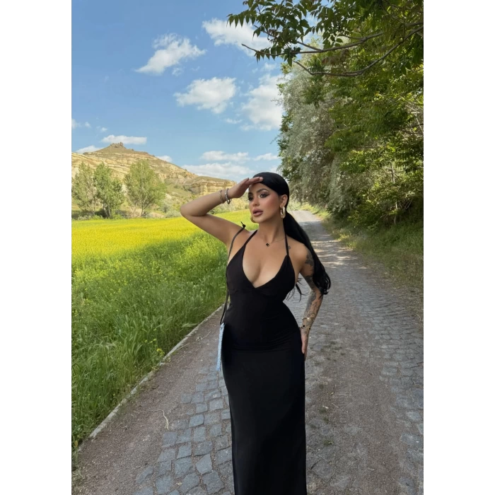 Siyah Boyundan Bağlamalı Keten Elbise