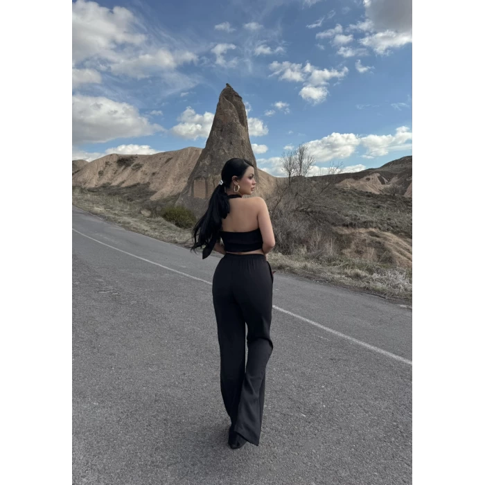 Siyah Boyundan Bağlamalı Keten İkili Takım