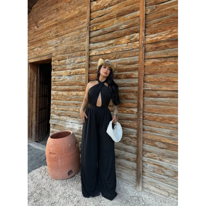 Siyah Yaka Çapraz Bol Paça Tulum