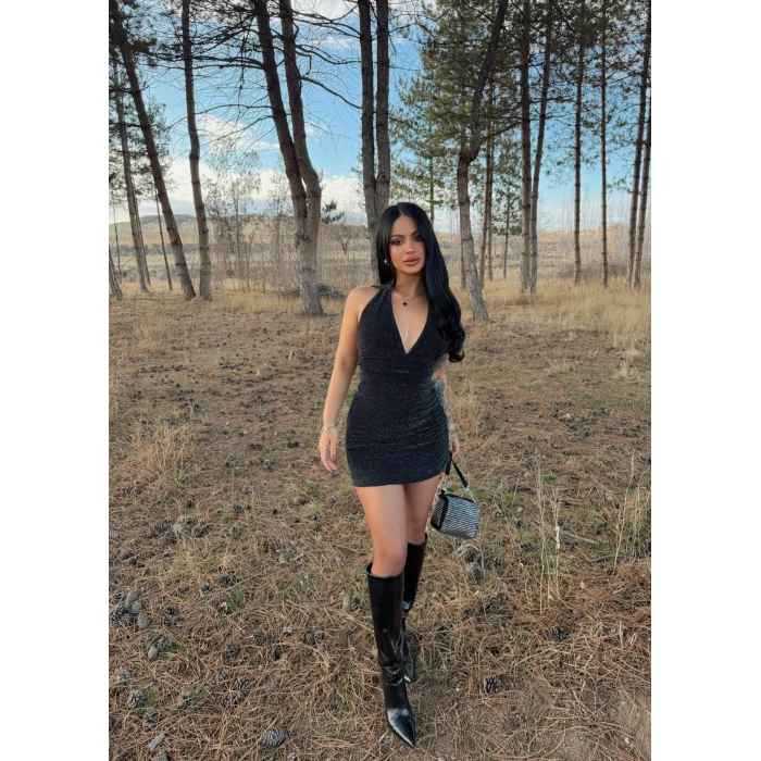 Siyah Boyundan Geçmeli Simli Elbise