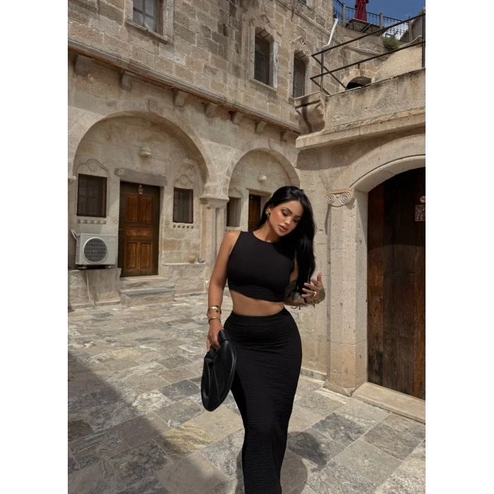 Siyah Bubble Etek Crop İkili Takım