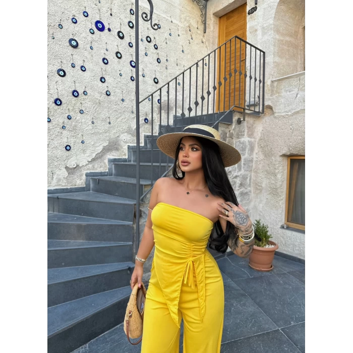 Sarı Büzgülü Straplez İkili Takım