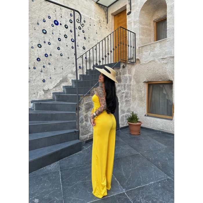 Sarı Büzgülü Straplez İkili Takım