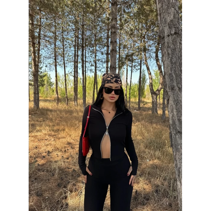 Siyah Çift Fermuarlı Fitilli İkili Takım
