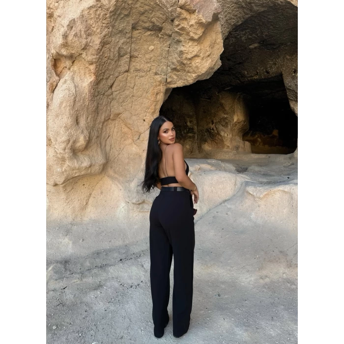 Siyah Çift Pile Kemerli Pantolon