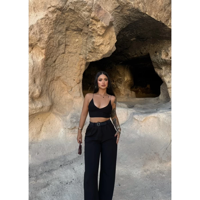 Siyah Çift Pile Kemerli Pantolon