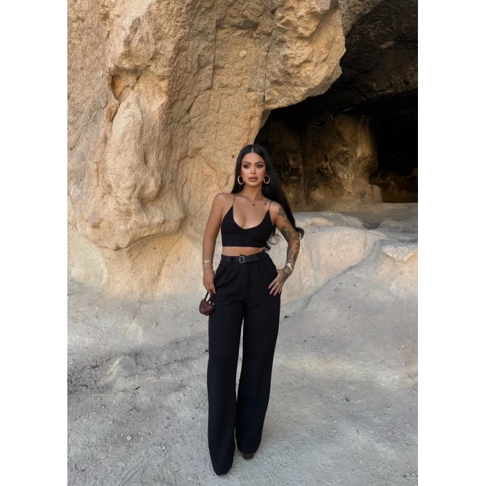 Siyah Çift Pile Kemerli Pantolon