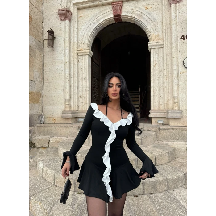 Siyah Çift Renk Elegant Elbise