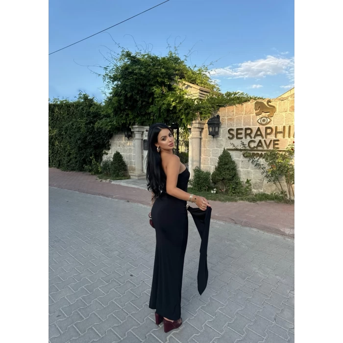Siyah Çift Tokalı Straplez Maxi Elbise