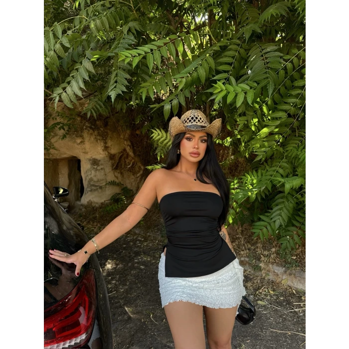 Siyah Çift Yırtmaçlı Straplez Crop