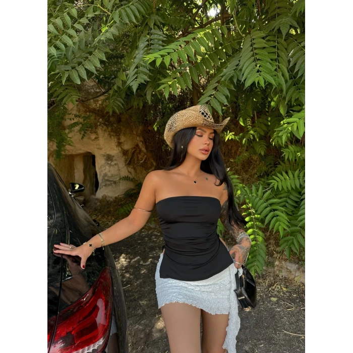 Siyah Çift Yırtmaçlı Straplez Crop