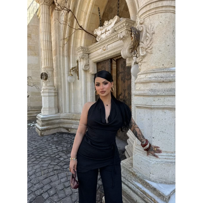 Siyah Degaje Yaka Kuşaklı İkili Takım