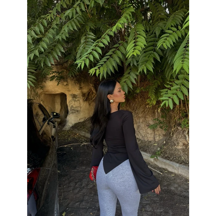 Siyah Degaje Yaka Polyamid Bluz