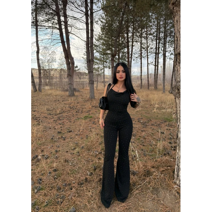 Siyah Degaje Yaka Taşlı Tulum