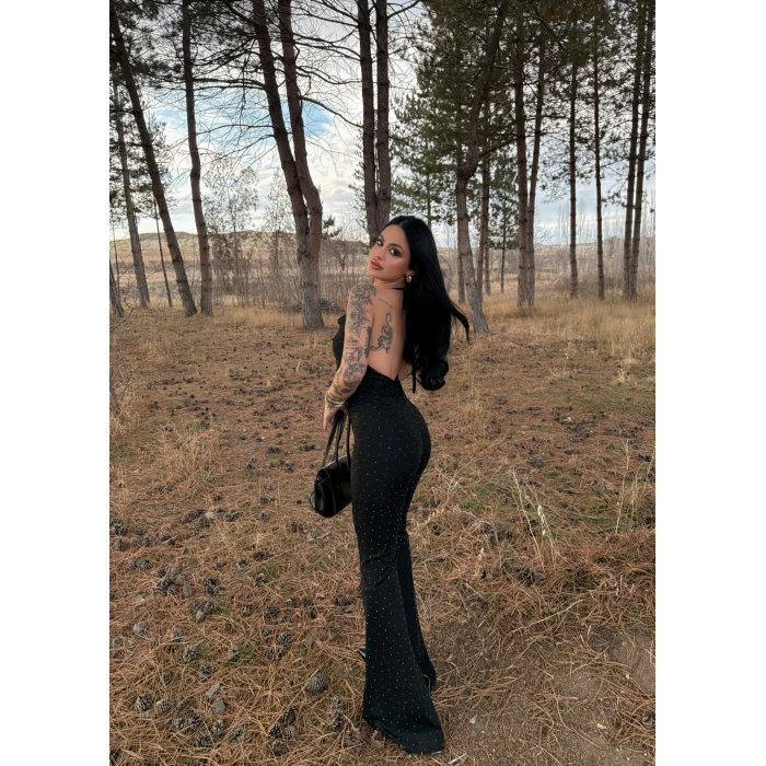 Siyah Degaje Yaka Taşlı Tulum