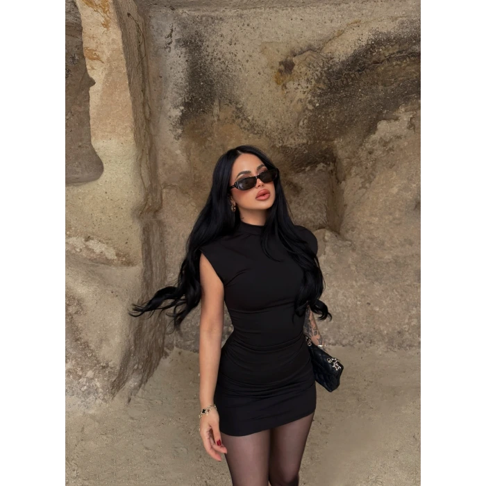 Siyah Dik Yaka Scuba Elbise