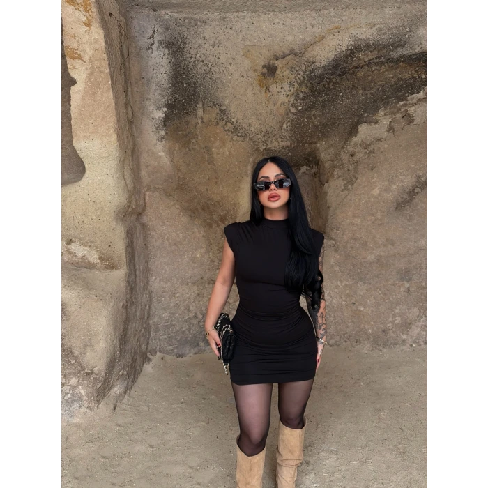 Siyah Dik Yaka Scuba Elbise