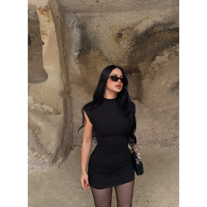 Siyah Dik Yaka Scuba Elbise