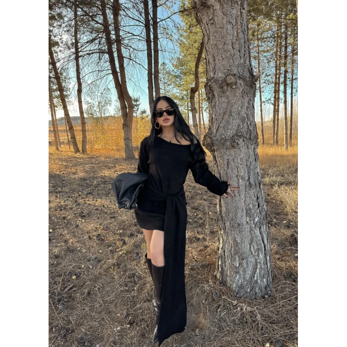 Siyah Domina Şal Detaylı Triko Elbise