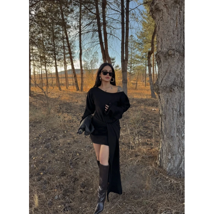 Siyah Domina Şal Detaylı Triko Elbise