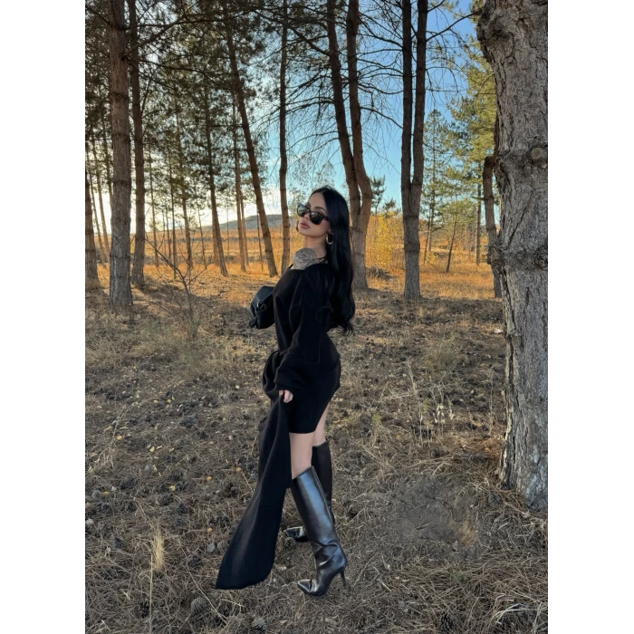 Siyah Domina Şal Detaylı Triko Elbise