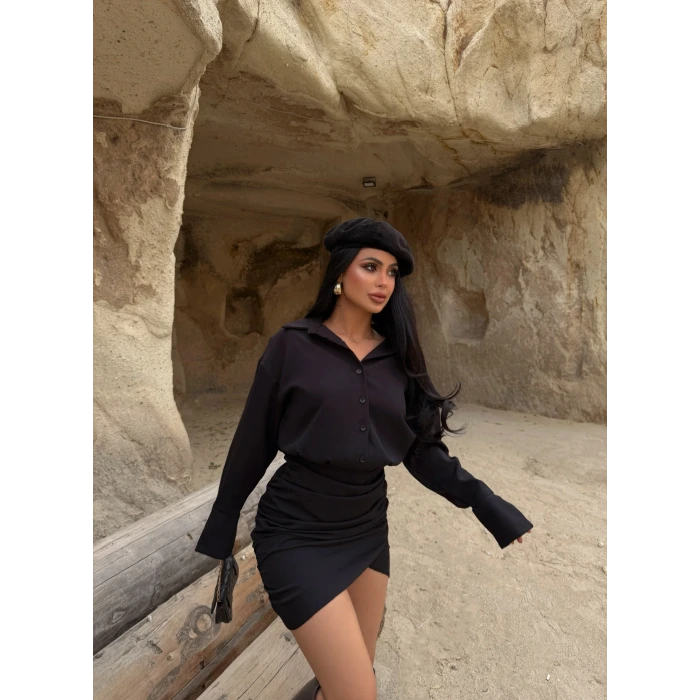 Siyah Double Gömlek Elbise