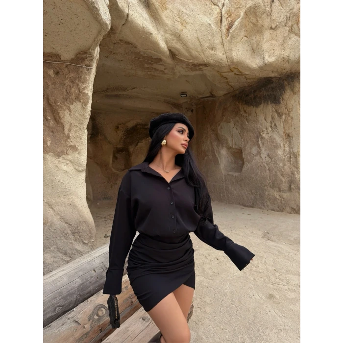 Siyah Double Gömlek Elbise