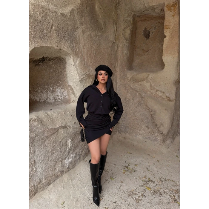 Siyah Double Gömlek Elbise