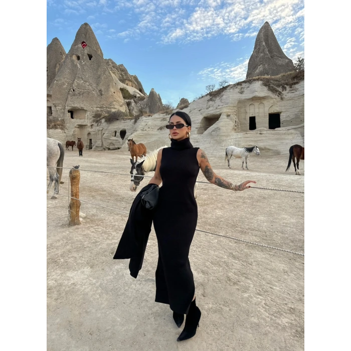 Siyah Elbise Hırka Triko İkili Takım