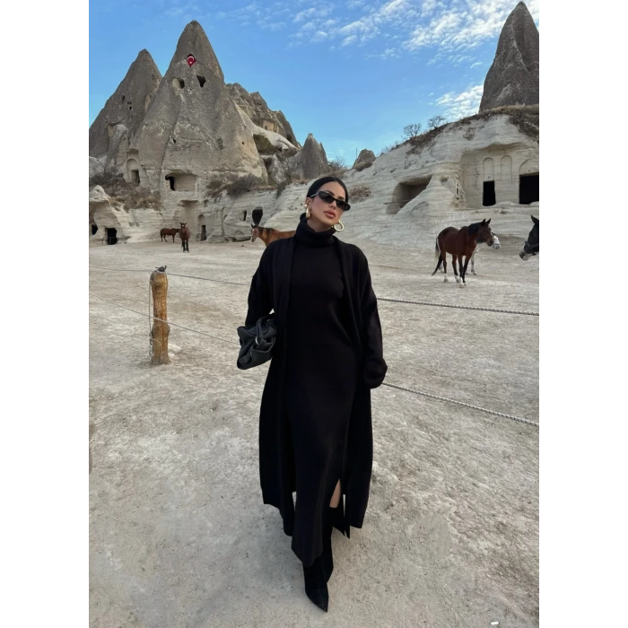 Siyah Elbise Hırka Triko İkili Takım