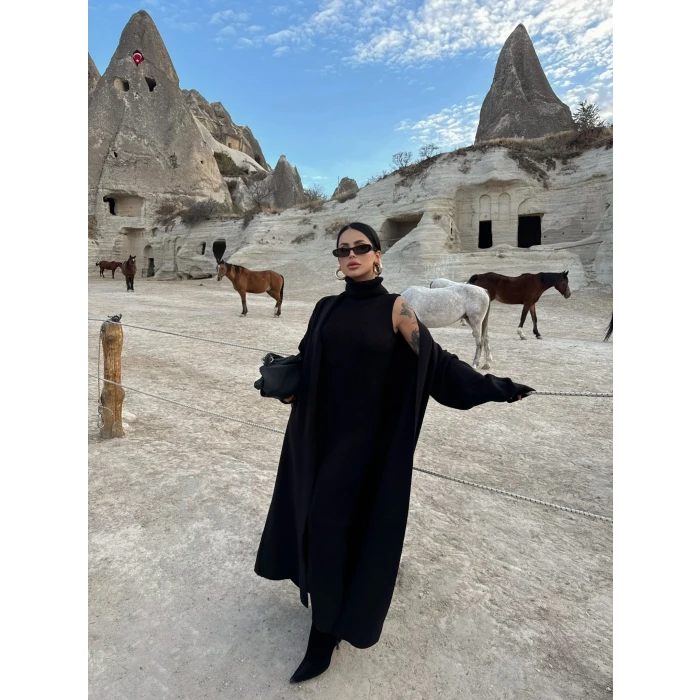 Siyah Elbise Hırka Triko İkili Takım