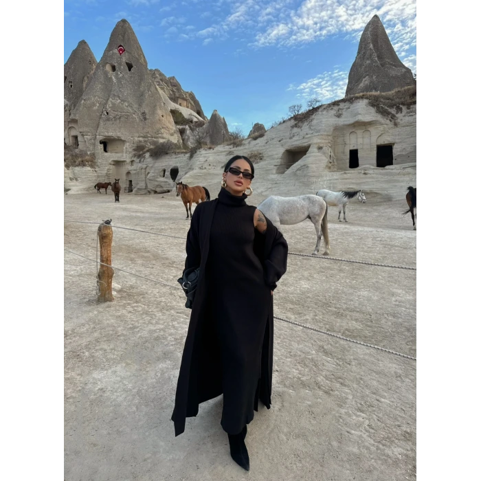 Siyah Elbise Hırka Triko İkili Takım