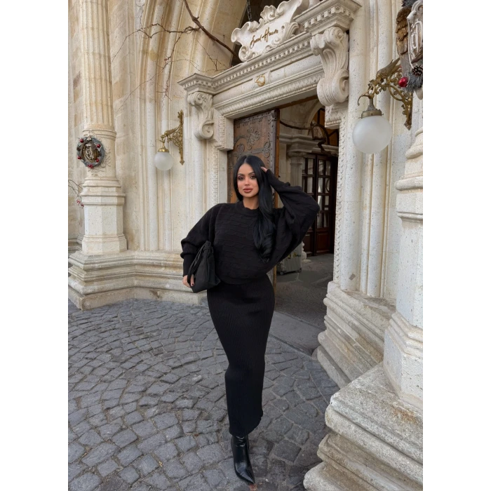 Siyah Elbise Kazak Triko Takım