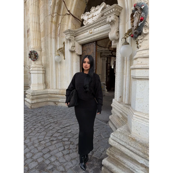 Siyah Elbise Kazak Triko Takım