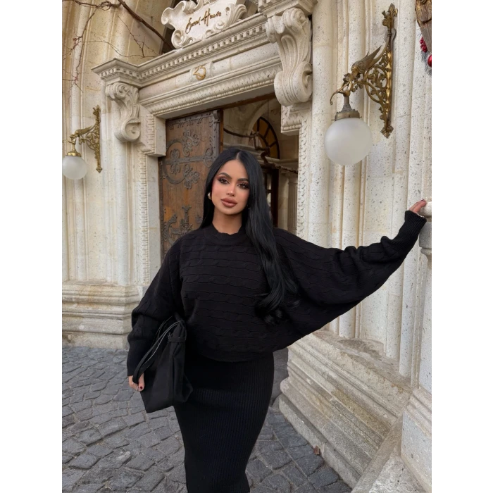 Siyah Elbise Kazak Triko Takım