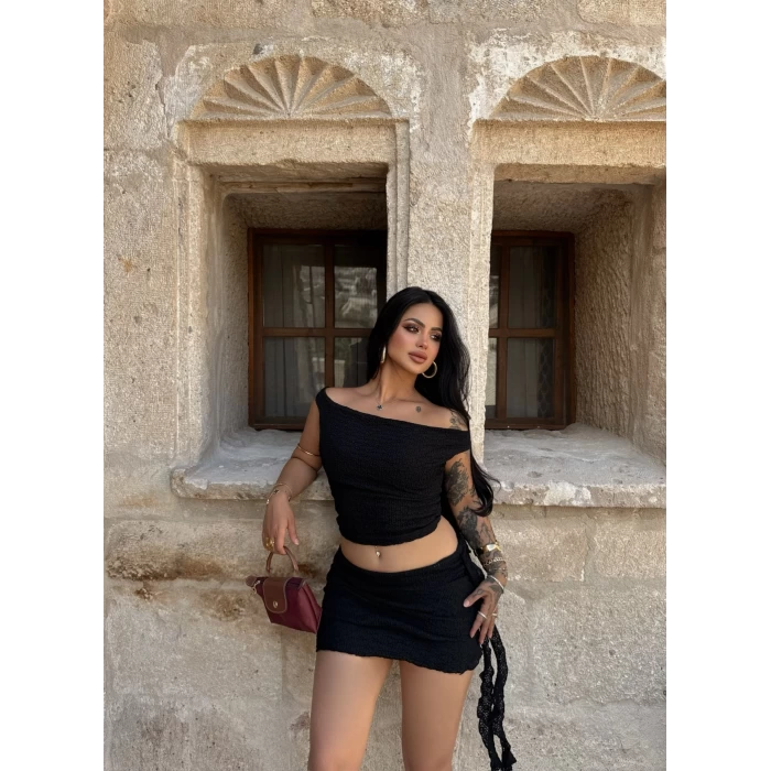 Siyah Etek&Crop Kabartma İkili Takım