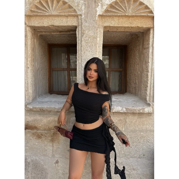 Siyah Etek&Crop Kabartma İkili Takım