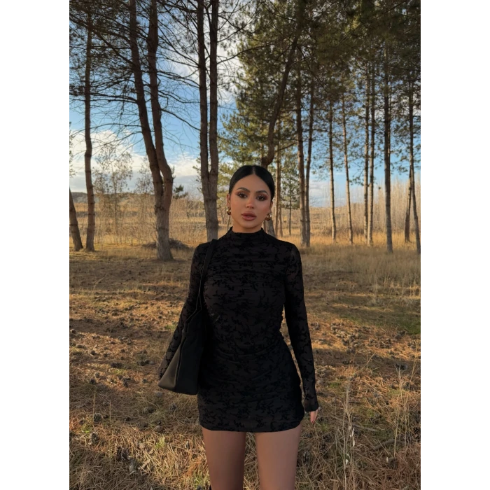 Siyah Flowers Flok Baskı Elbise