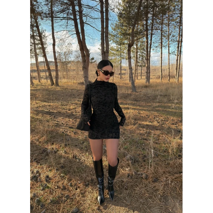 Siyah Flowers Flok Baskı Elbise