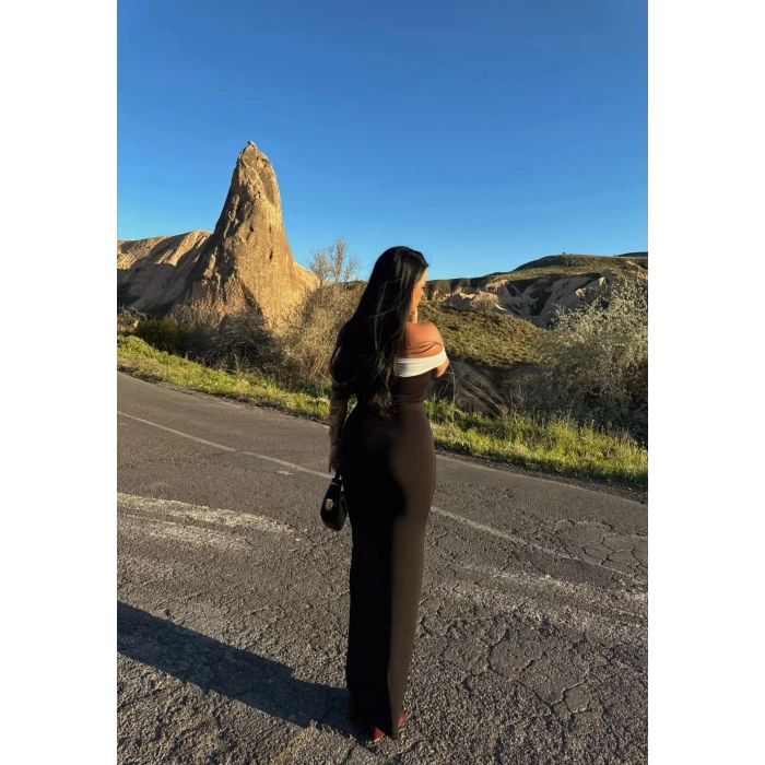 Siyah Garnili Madonna Long Elbise