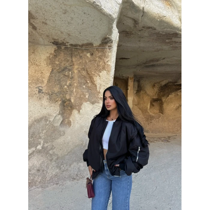 Siyah İçi Dolumlu Bomber Mont