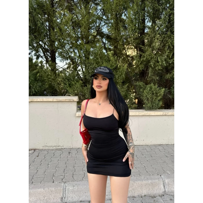 Siyah İp Askılı Sandy Elbise