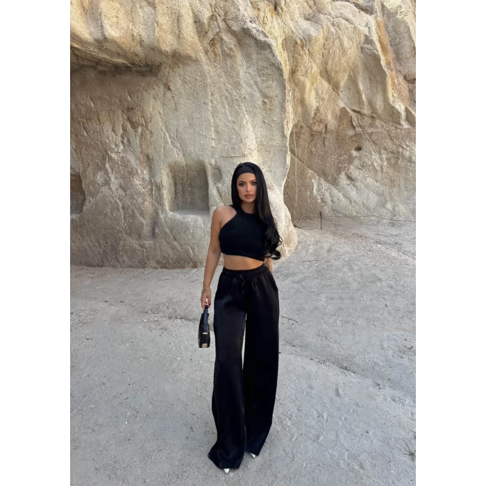 Siyah Işıltı Bol Paça Pantolon