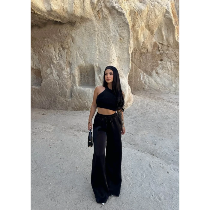 Siyah Işıltı Bol Paça Pantolon