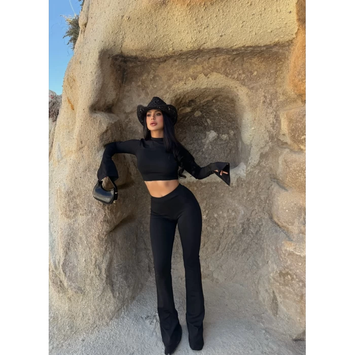 Siyah İspanyol Tayt Crop İkili Takım